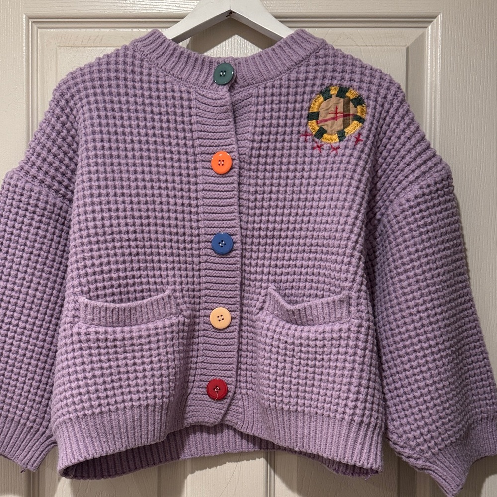Purple Waffle Knit Cardigan with Colorful Buttons
